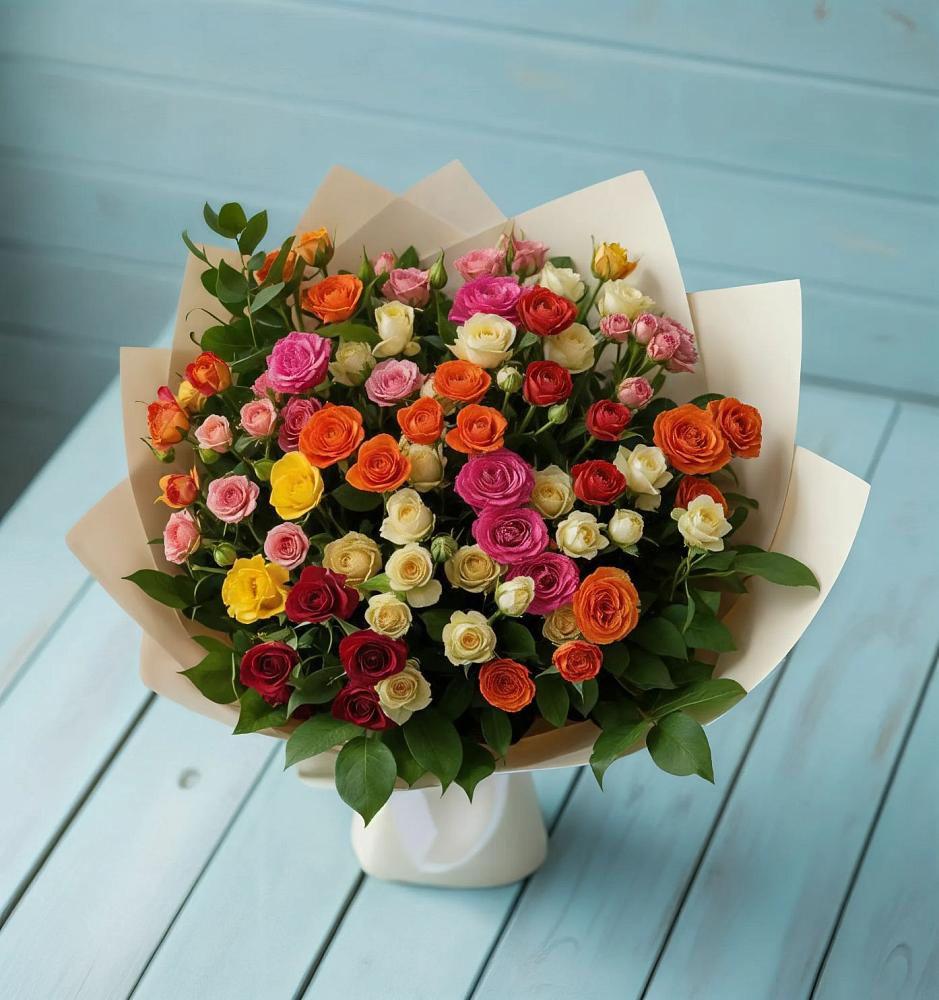 Букет Микс из разноцветных кустовых роз в Курсавке